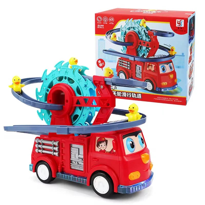 Fire Rail Car Duck Swivel Slide Toy - Interactive Light & Sound Fire Truck