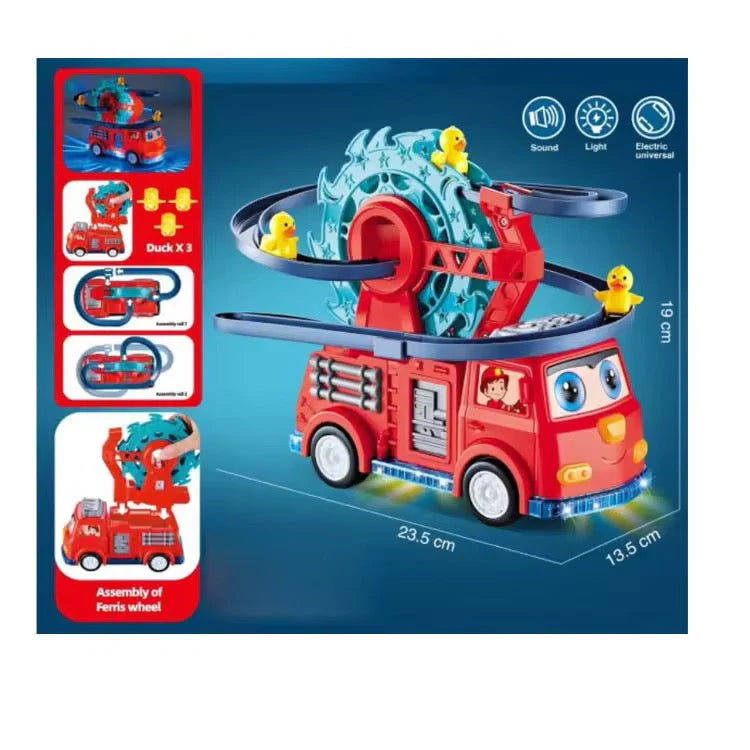 Fire Rail Car Duck Swivel Slide Toy - Interactive Light & Sound Fire Truck
