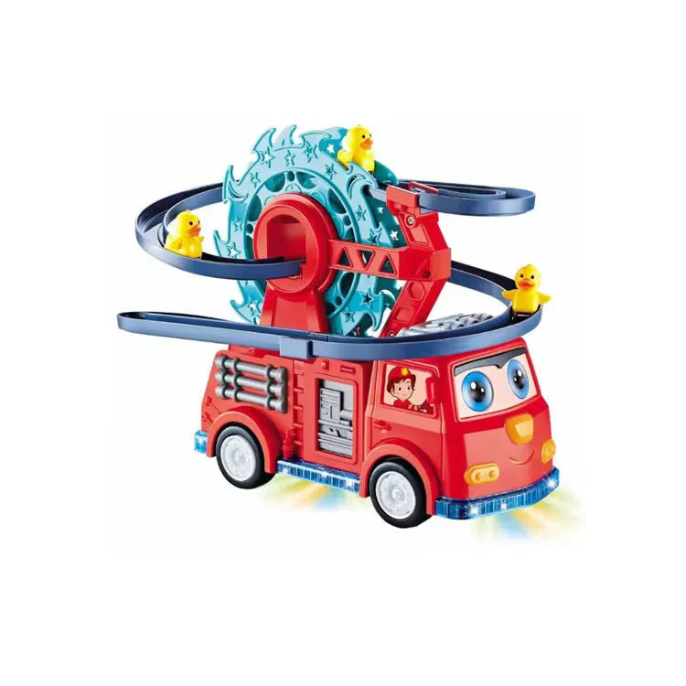 Fire Rail Car Duck Swivel Slide Toy - Interactive Light & Sound Fire Truck